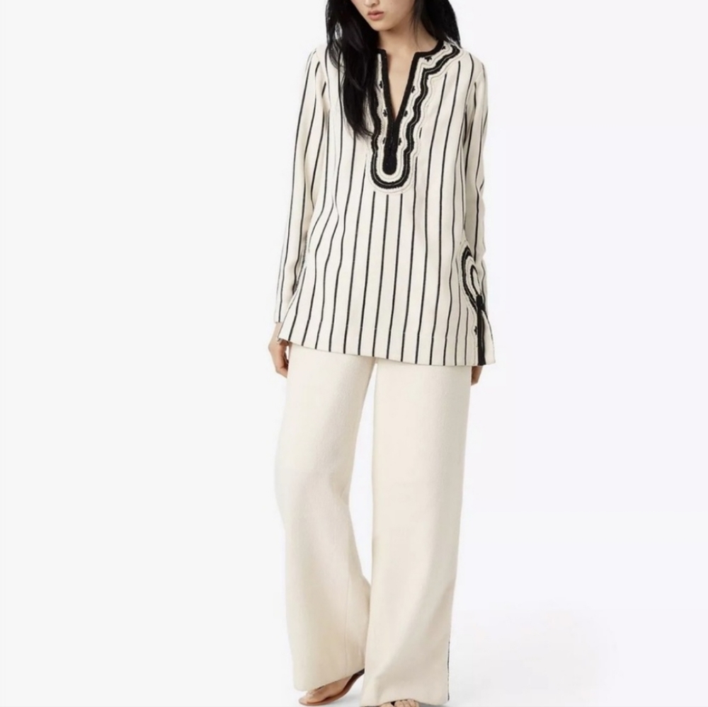 Tory Burch Filipa Ivory Black Slub Stripe Embroidered Trim Tunic